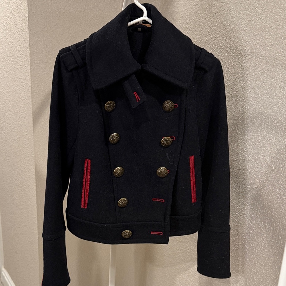 Free People Dark Blue and Red Pea Coat